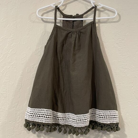 ~ Tommy Bahama 12mo Dress Cotton Crochet Lined Sleeveless Boho Olive PomPom Trim - Picture 2 of 11